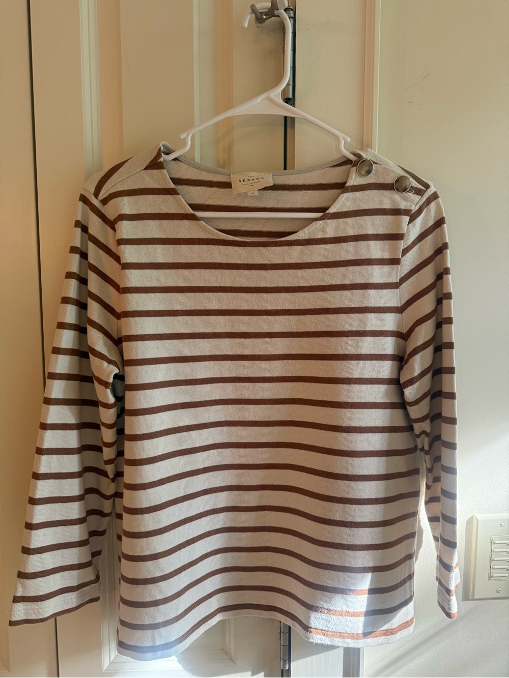 Sezane Colette Mariniere Stripe Breton Top Ecru/Camel Size M 🍂🍁🍂 - Picture 3 of 12